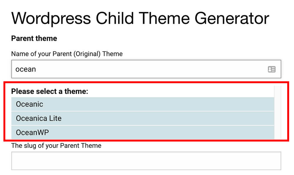 Select parent theme from drop down menu