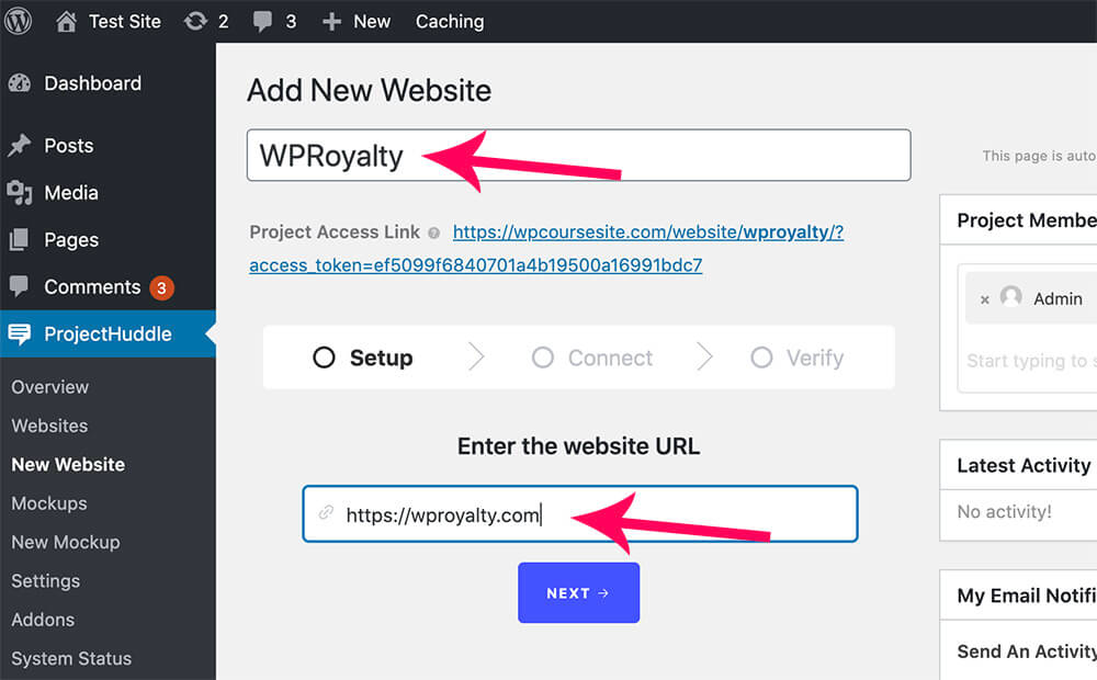 Enter client side site name and url