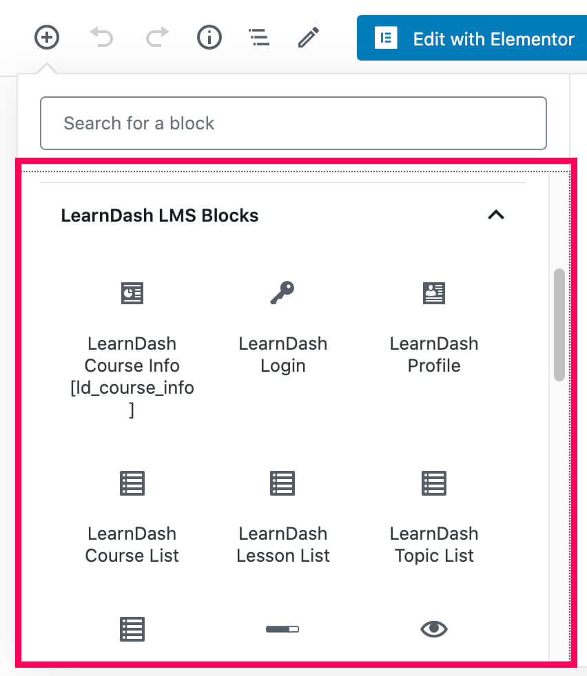 Learndash shortcodes blocks