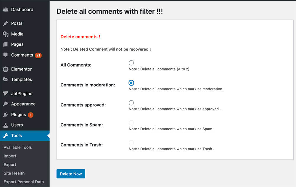 Delete all comments with a plugin