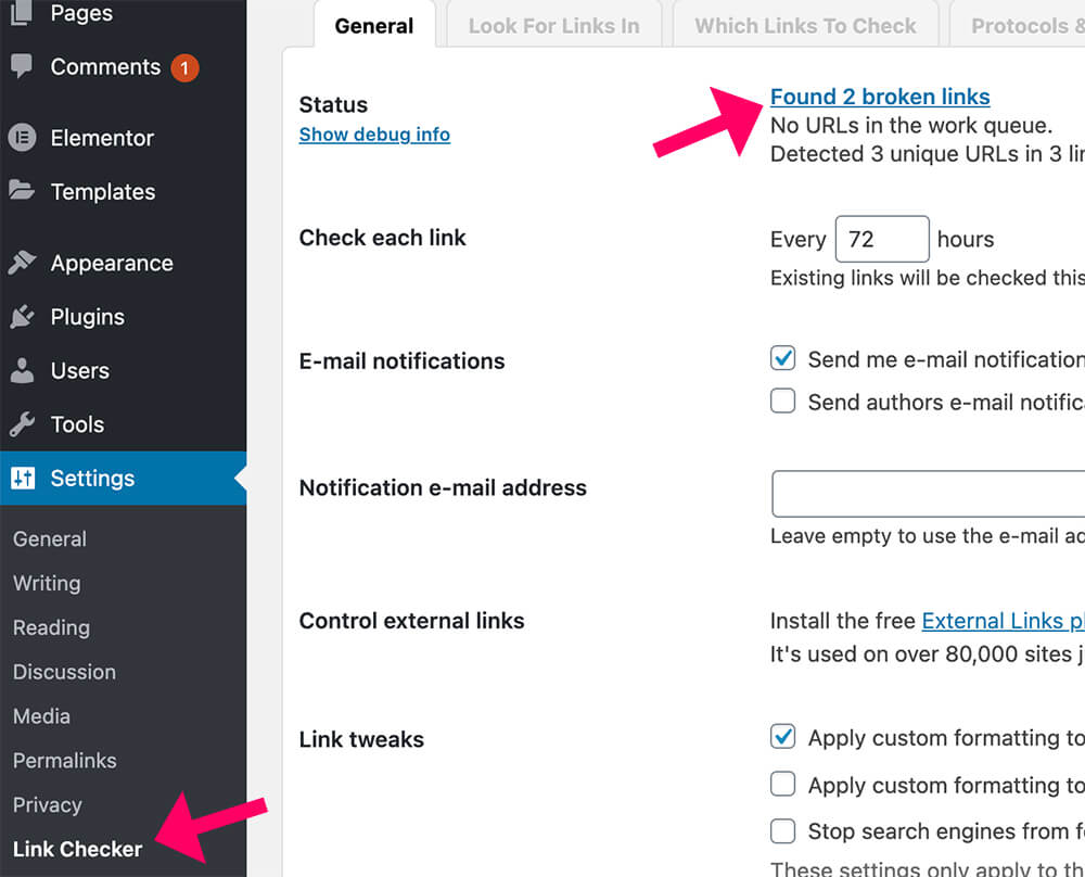 Link checker plugin settings page