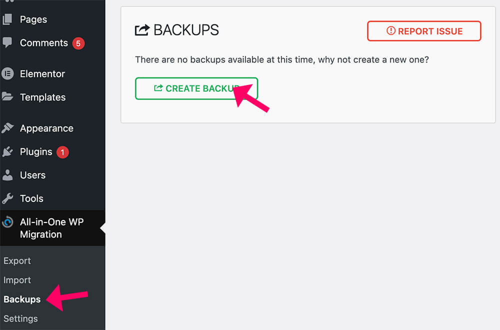 Create backups with All in one wp migration plugin