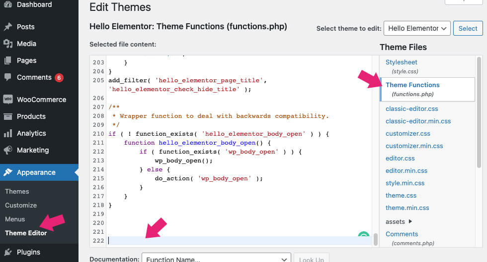 Edit theme functions php file