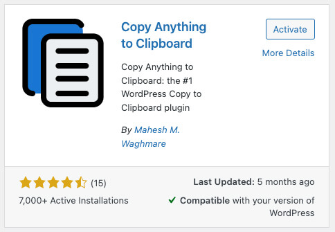 Copy anything to clipboard WordPress plugin