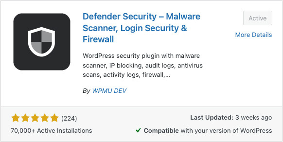 Defender security plugin WordPress