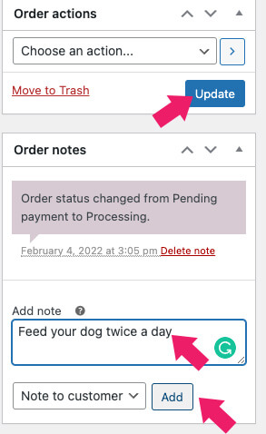 Add notes to order update