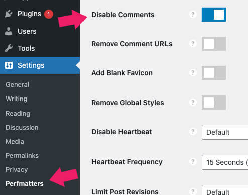 Disable comments with Perfmatters plugin