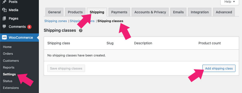 Add shipping class in WooCommerce
