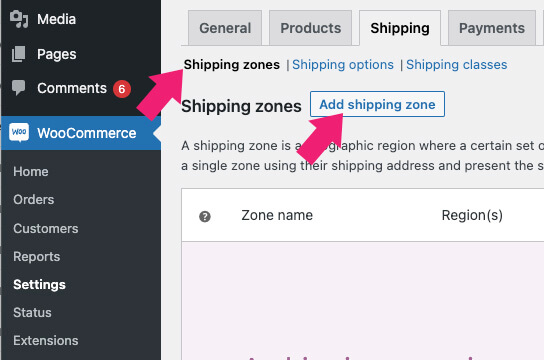 Add shipping zones WooCommerce