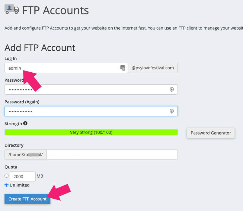 Create a new FTP account copy