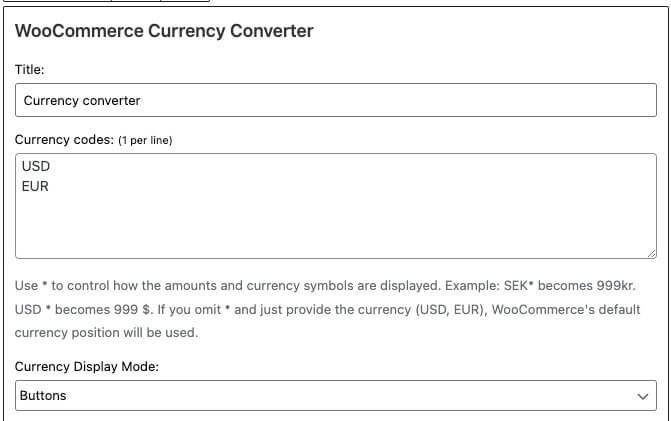 Currency converter widget settings