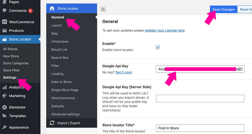 Enter Google Maps API key in Store Locator plugin