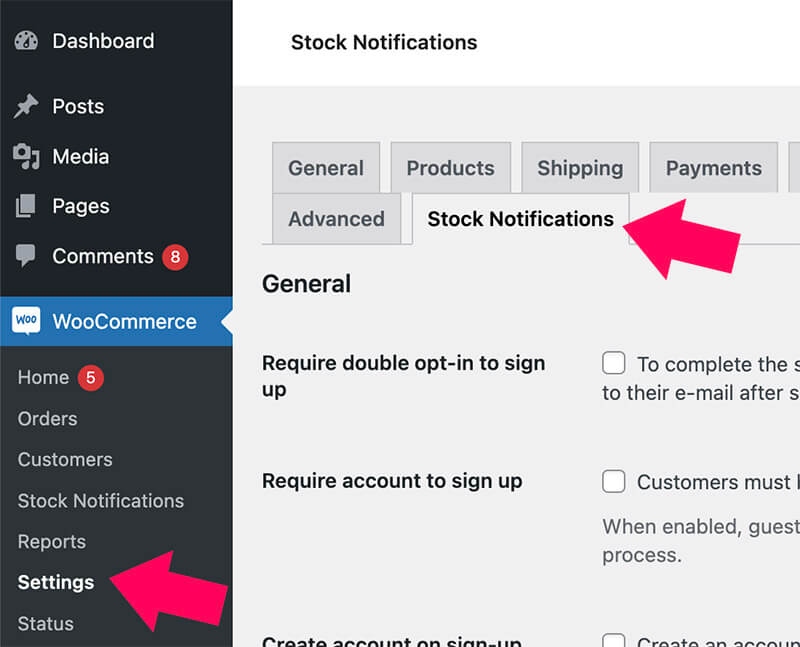 Stock notifications plugin settings page