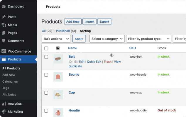 Reorder products in sorting tab