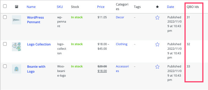 Assign QuickBooks IDs to WooCommerce Products