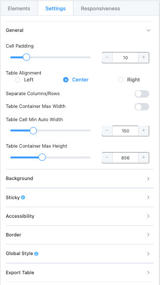 Customize table with the settings tab