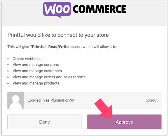 Approve connection Printful to WooCommerce