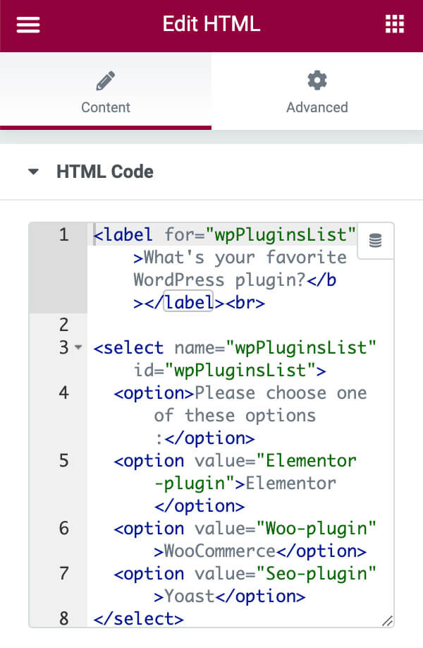 HTML dropdown menu structure