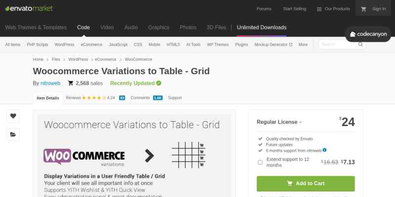 Woocommerce Variations Table – Grid