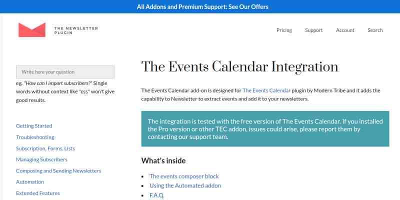 Newsletter – The Events Calendar Addon